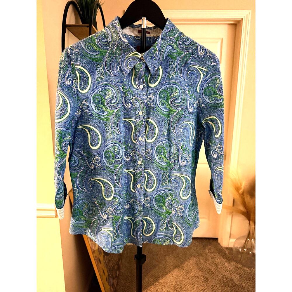 Talbots Womens Paisley Green Blue Cotton Blen Button Up shirt 12 P Habedashary